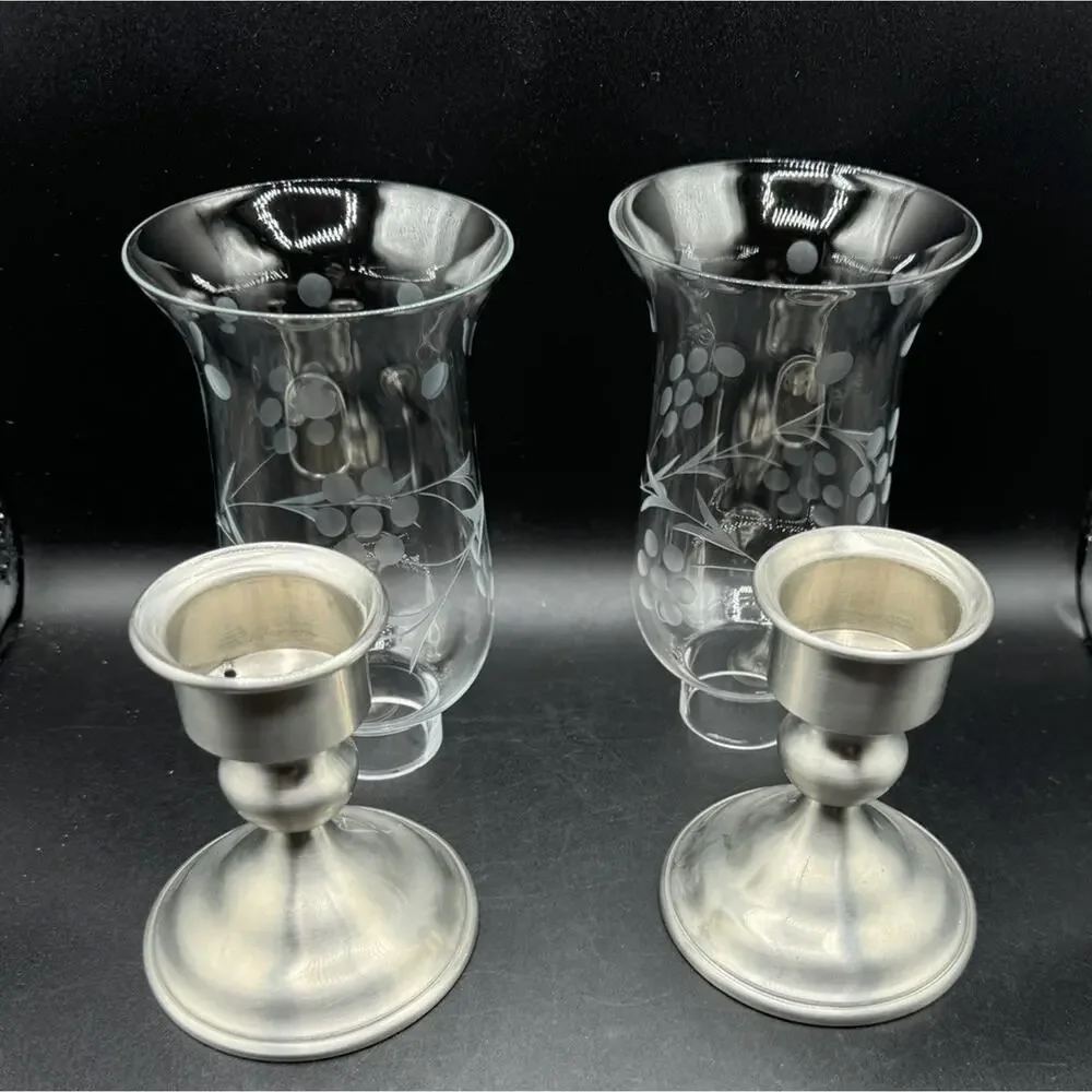 Kirk Weighted Pewter Candlesticks Etched Glass Hurricane Shades Set Of 2 -A95